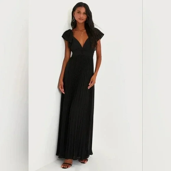 Lulu's Black Pleated Flutter Sleeve Backless Maxi Dress Wedding Party Guest NWT - Picture 2 of 14